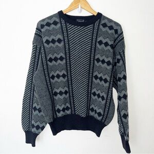 Yamato Vintage Wool Blend Crew Neck Sweater Black Geometric Made in Japan Medium